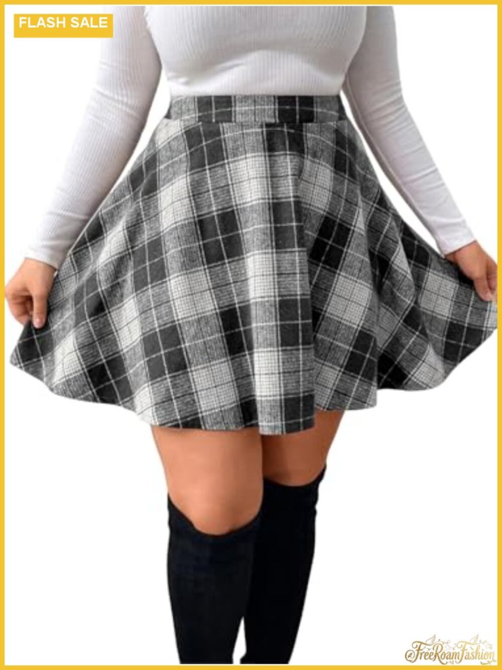 Plus Size Plaid Mini Skirt A-Line Flare Pleated High Waist Short Preppy Skirt